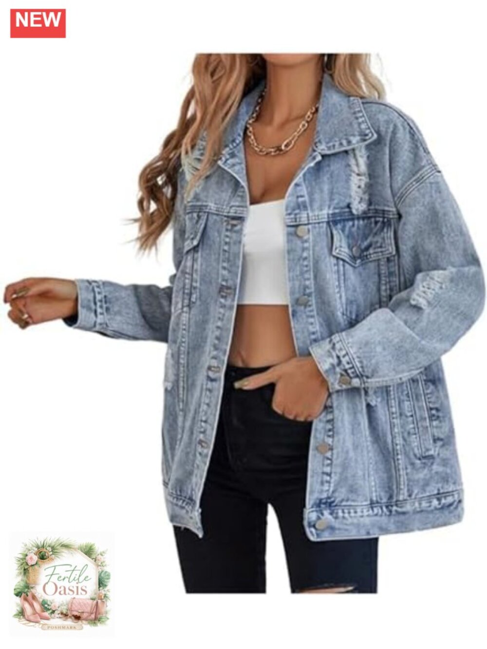 Oversized Distressed Denim Coat Jacket with Pockets